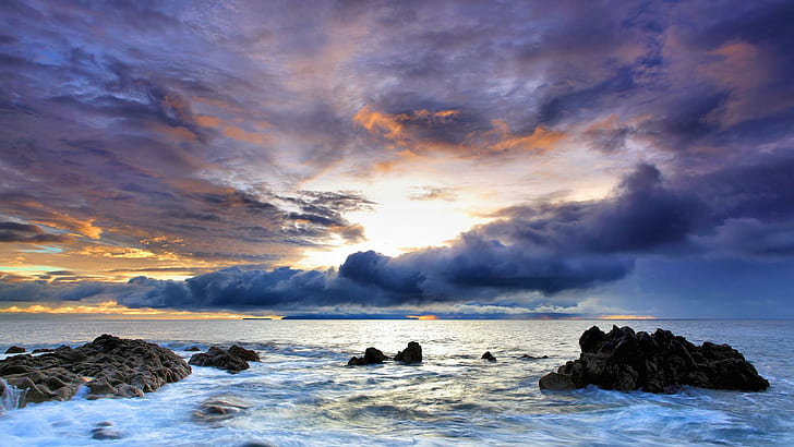 Beautiful Ocean Scenery, ocean water, skies, nature, sunset, rocks, HD wallpaper