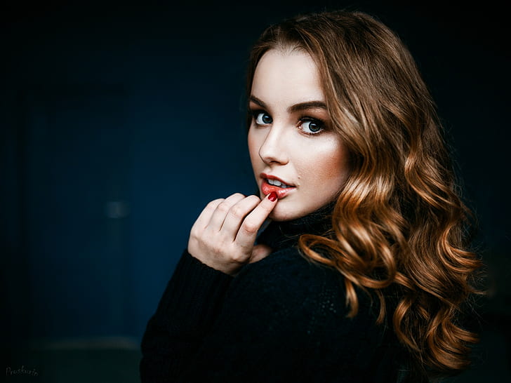 women, face, portrait, finger on lips, looking at viewer, wavy hair