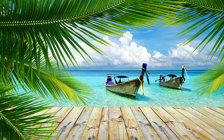 Nature, Landscape, Beach, Tropical, Palm Trees, Walkway, Boat, Thailand, Sea, Summer, HD wallpaper