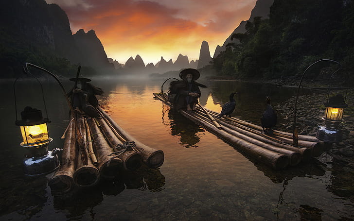 Sunset Flaming Sky Li River Fishermen With Lanterns From The Village Called Xingping China Android Wallpapers For Your Desktop Or Phone 3840×2400