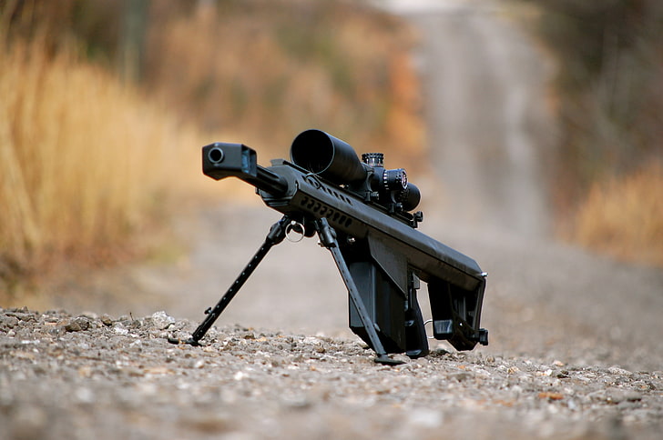 black rifle, gravel, sniper, heavy, Barrett M82, selective focus, HD wallpaper