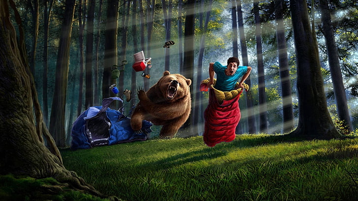 brown grizzly bear illustration, man running near bear illustration