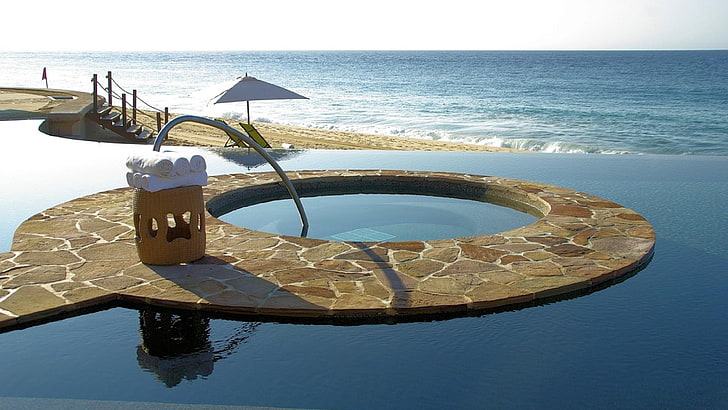 mexico, swimming pool, resort, sea, waterscape, horizon, cabo san lucas, HD wallpaper