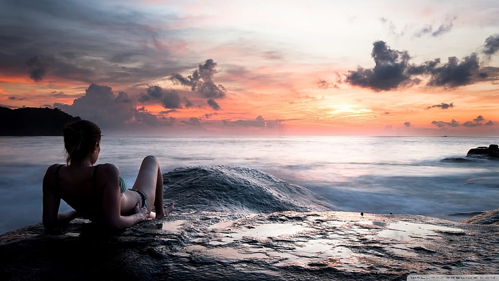 women, sunset, women on beach, long exposure, sea, silhouette, HD wallpaper