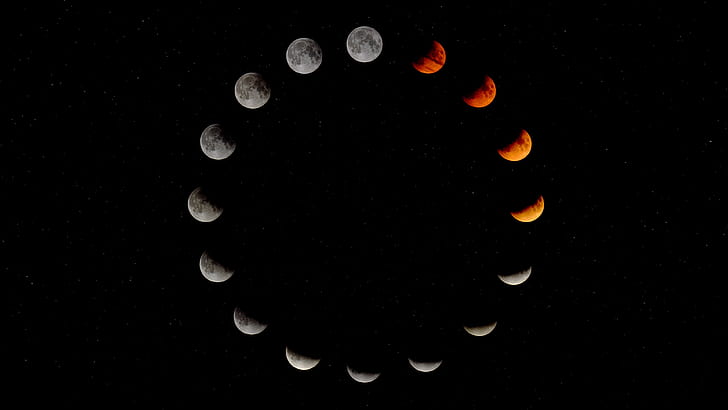 Moon, space, stars, circle, Red moon, moon phases