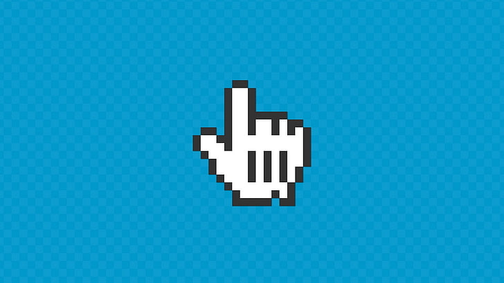 white Mickey Mouse hand cursor, square, pixels, cyan, hand gesture
