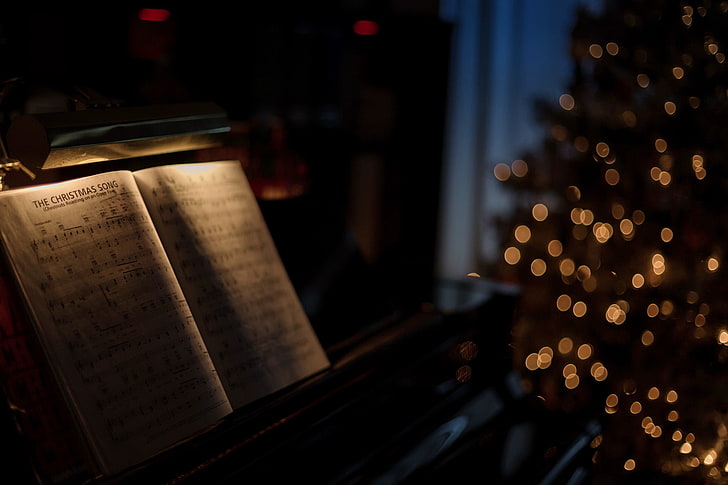 black and gray wooden cabinet, Christmas, piano, musical notes, HD wallpaper