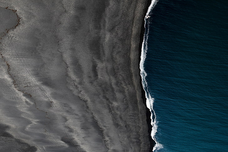 vik, Iceland, landscape, sea, bird's eye view, black sand, water, HD wallpaper