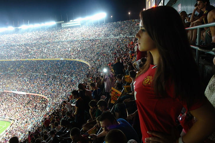 stadium, brunette, fans, Manchester United, sports, soccer, HD wallpaper
