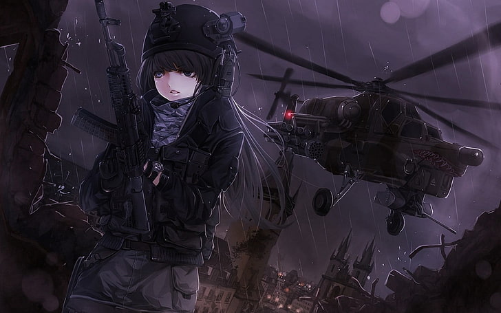 woman with rifle digital wallpaper, anime, anime girls, gun, helicopters, HD wallpaper