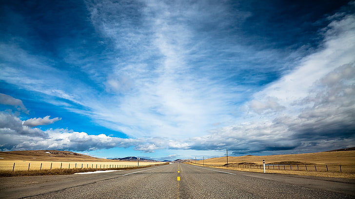 gray concrete road, highway, landscape, clouds, sky, dom, cyan, HD wallpaper