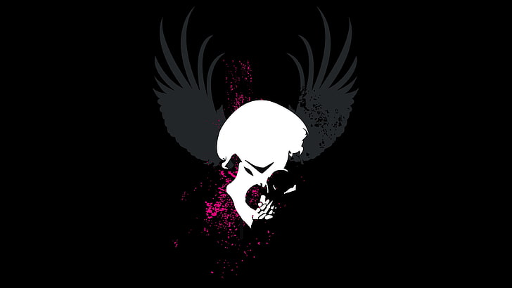 white skull logo, vector art, grunge, black background, illuminated