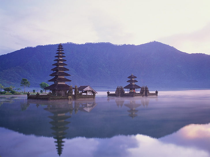 brown pagoda, Bali, Indonesia, building, temple, reflection, sky