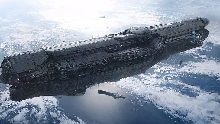 mid air battleship illustration, science fiction, UNSC Infinity