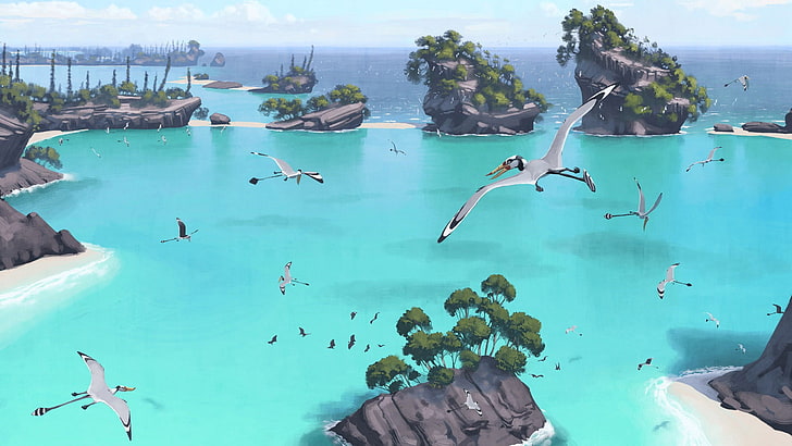 birds flying above islands on beach digital wallpaper, dinosaurs
