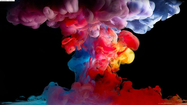 multicolored mushroom smoke, paint in water, black background