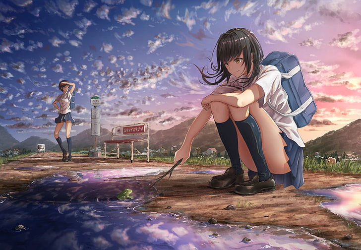 sky, school uniform, long hair, thigh-highs, puddle, mountains