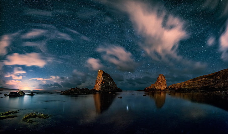 body of water, landscape, nature, starry night, rock, sea, coast, HD wallpaper