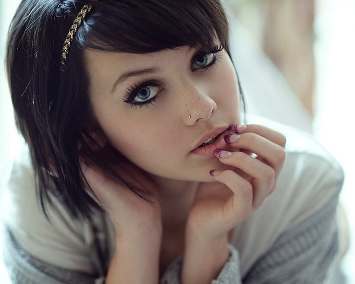 women, model, face, black hair, blue eyes, piercing, Melissa Clarke, HD wallpaper
