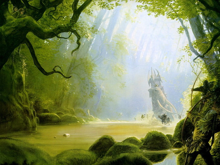 green and white fish painting, fantasy art, tree, water, plant