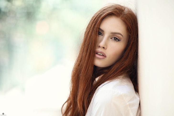 women, model, redhead, brown eyes, juicy lips, white clothing, HD wallpaper