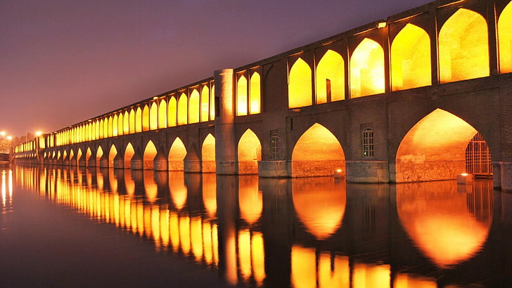 brown bridge, isfahan, iran, bridges, night, light, architecture