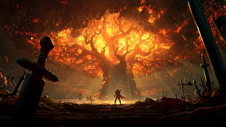 world of warcraft: battle for azeroth, burning tree, sword, HD wallpaper
