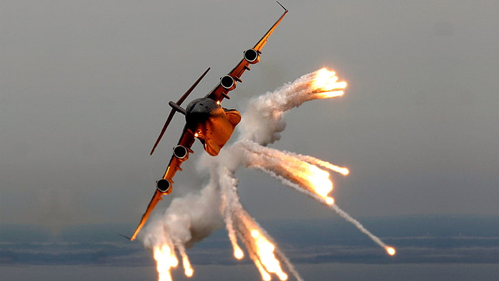 orange and black jet fighter, flares, aircraft, Boeing C-17 Globemaster III