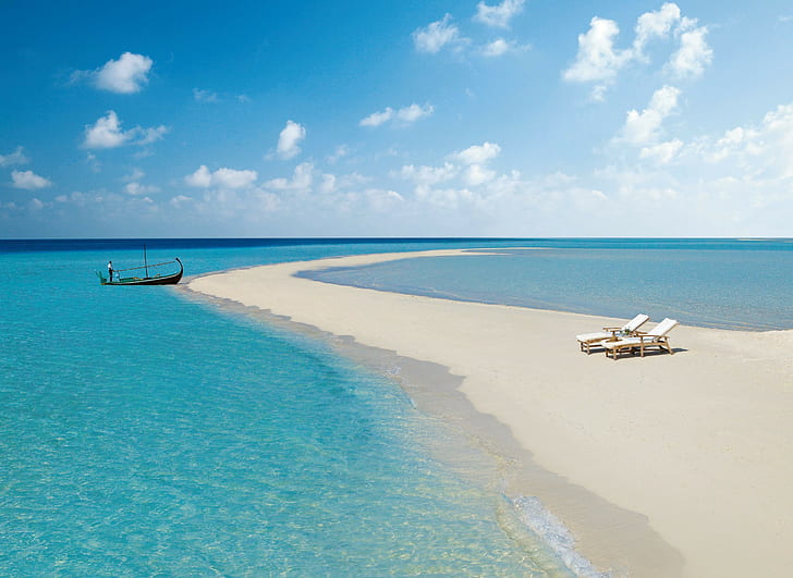 Maldives, beach, sky, Ocean, Sea, sand, Xhosa, boat, sun lounger, HD wallpaper