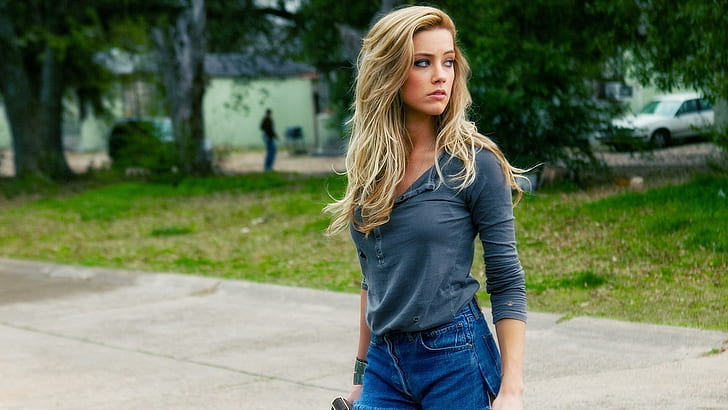 Piper - Drive Angry, women's blue henley shirt and blue denim bottoms
