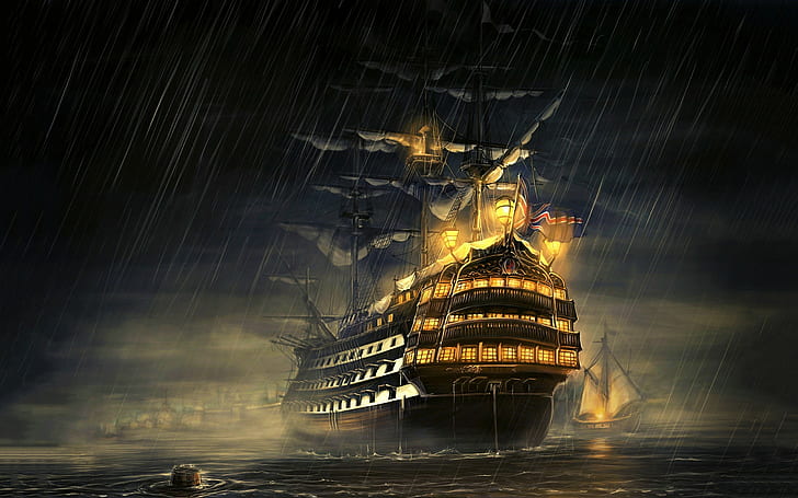 artwork, Royal Navy, rain, Manowar, ship, sailing ship, water, HD wallpaper