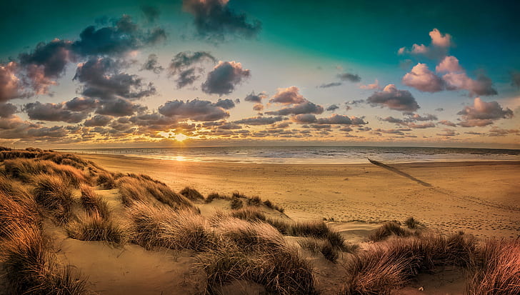 brown sandy shore, Lombardsijde, SamYang, mm, beach, nature, sunset, HD wallpaper