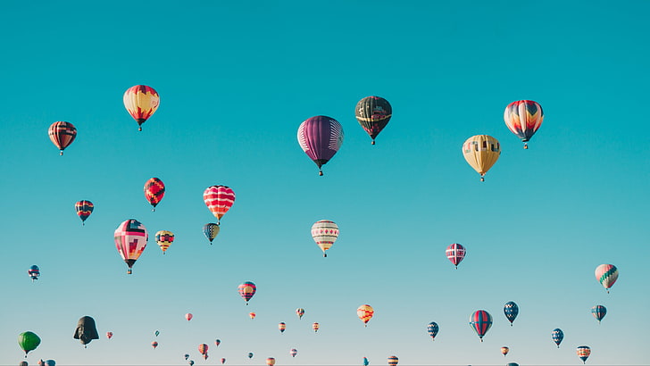 balloon, clear sky, cyan, sunlight, mid-air, flying, air vehicle, HD wallpaper