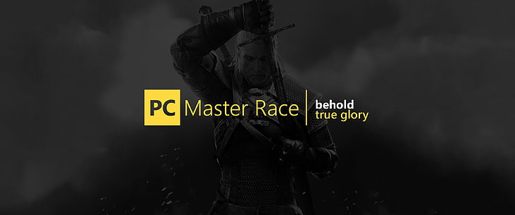 PC Master Race text, PC gaming, PC Master  Race, Geralt of Rivia, HD wallpaper