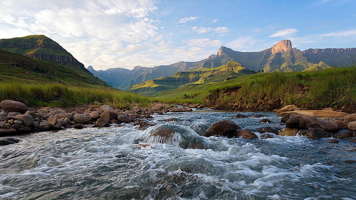 river, landscape, south africa, drakensberg river, water, mountain