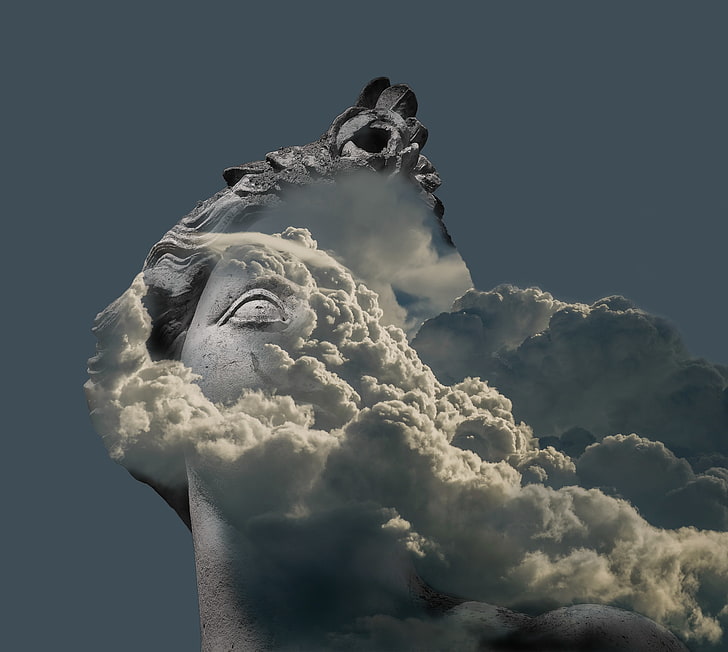 double exposure, statue, photo manipulation, clouds, 3D, sky