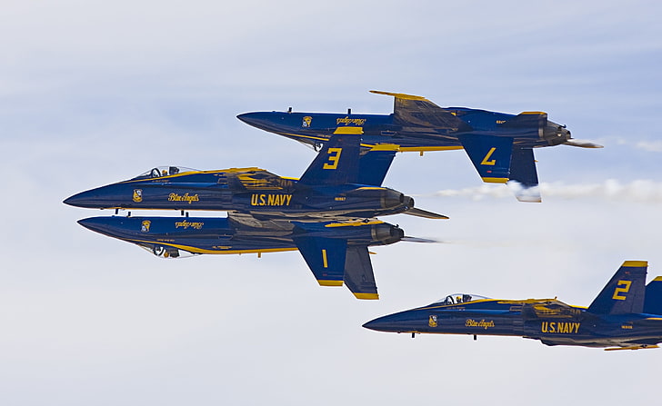 Blue Angels, blue and yellow U.S. Navy fighter jets, Army, air vehicle
