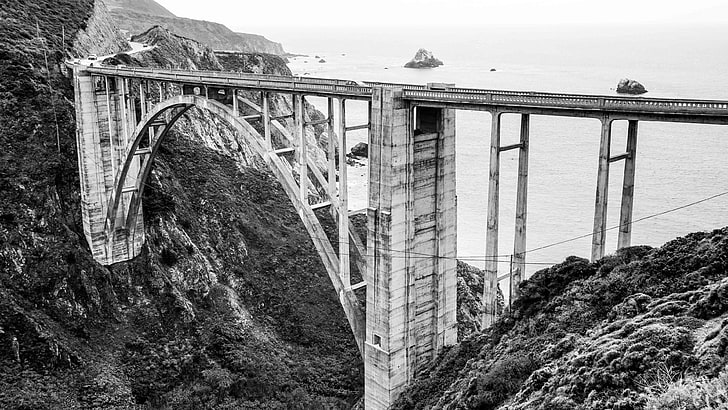 bridge, black and white, cliff, ocean, pacific ocean, sea, highway, HD wallpaper