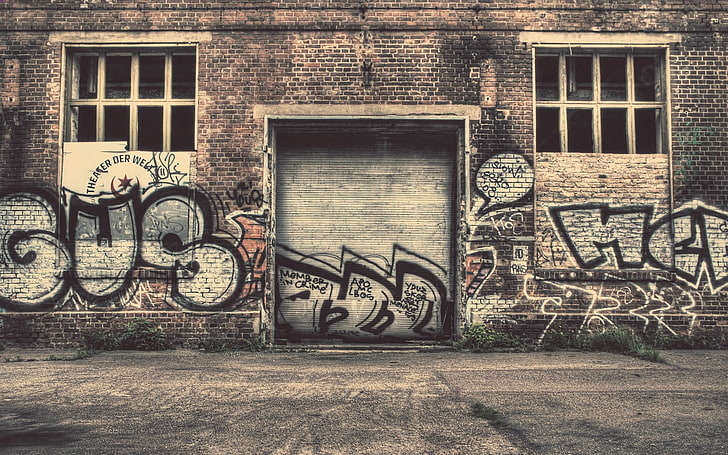 black and gray text graffiti wall, city, street, old, architecture, HD wallpaper