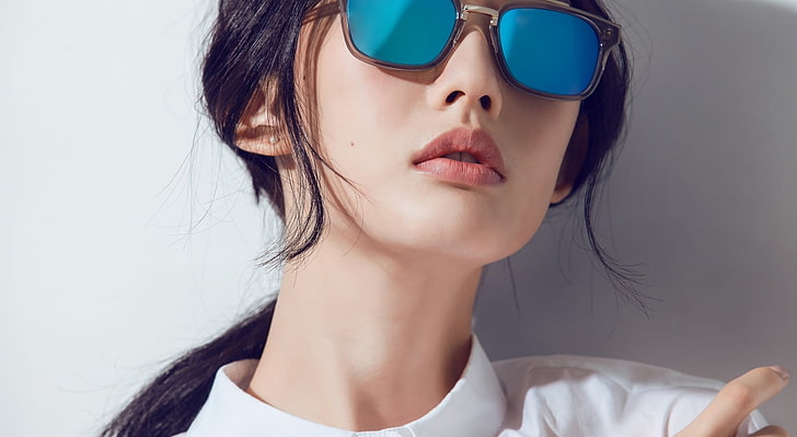 Asian Women, women's blue sunglasses with black frames, Girls, HD wallpaper