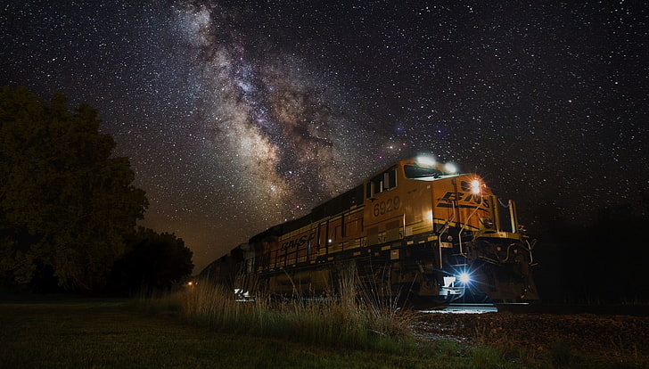 yellow train, night, lights, Milky Way, landscape, nature, galaxy, HD wallpaper