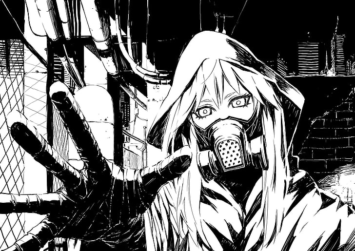 anime character with mask illustration, artwork, monochrome, drawing