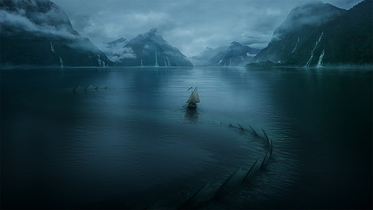 white sailing boat illustration, digital art, mountains, lake, HD wallpaper