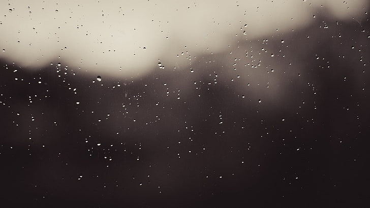 water drops, rain, glass, water on glass, window, monochrome, HD wallpaper