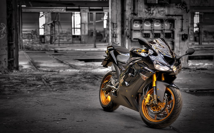 black and gold sportbike selective color phoot, kawasaki zx6-r, HD wallpaper