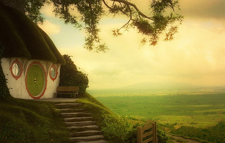 white and black wooden hill house, greens, Nora, the Lord of the rings