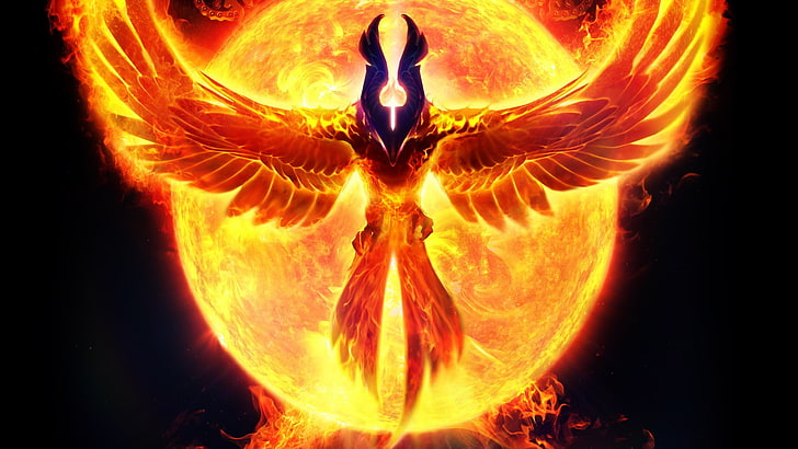 Phoenix illustration, Dota 2, pheonix, flame, orange color, burning