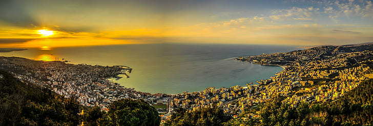 aerial view of city near seashore surrounded by mountains, jounieh, lebanon, jounieh, lebanon