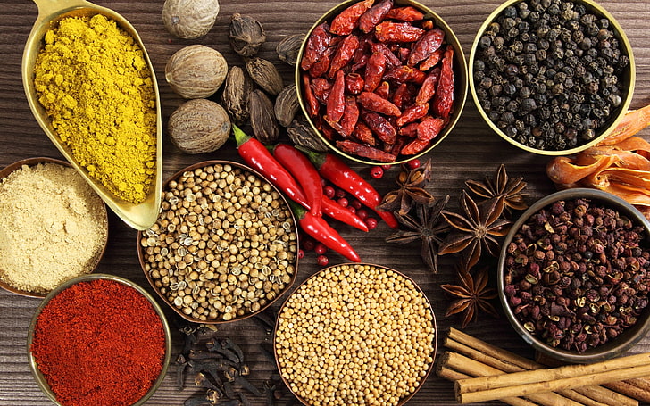 assorted spices, variety, mix, plates, paprika, seasoning, food, HD wallpaper
