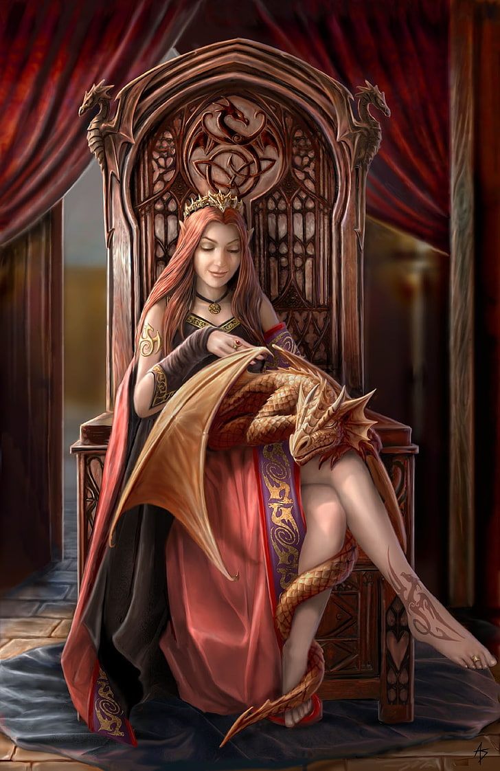 anne stokes women sitting elves digital art fantasy art dragon portrait display throne gothic tattoo curtain sleeping, HD wallpaper